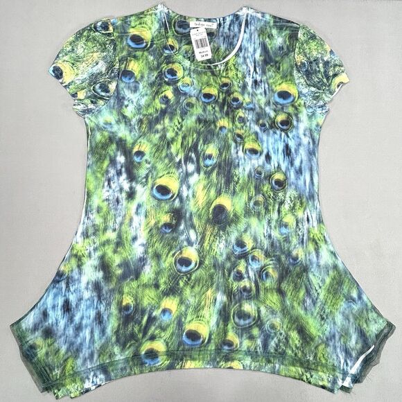 Indigo Soul Top Women's Medium Green Blue Short Sleeve Peacock Mesh Boho Shirt - Picture 2 of 15